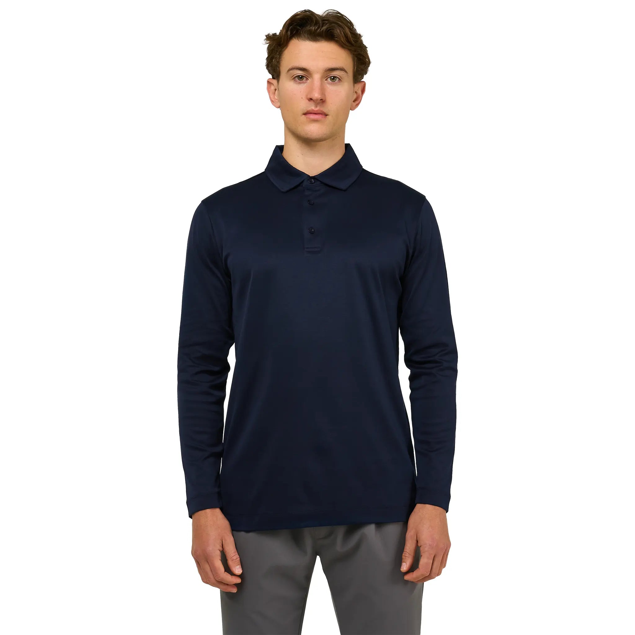 Front View of Loiano Egyptian Cotton L/S Navy Polo Shirt